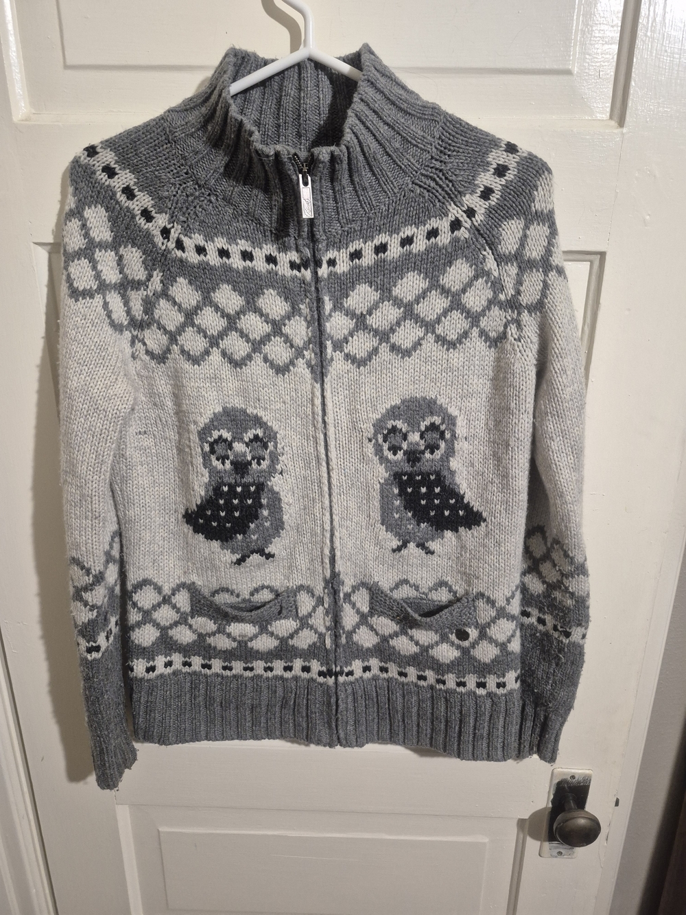 Kismet Owl Fair Isle Wool Blend Zip Cardigan Sweater M - Picture 2 of 8